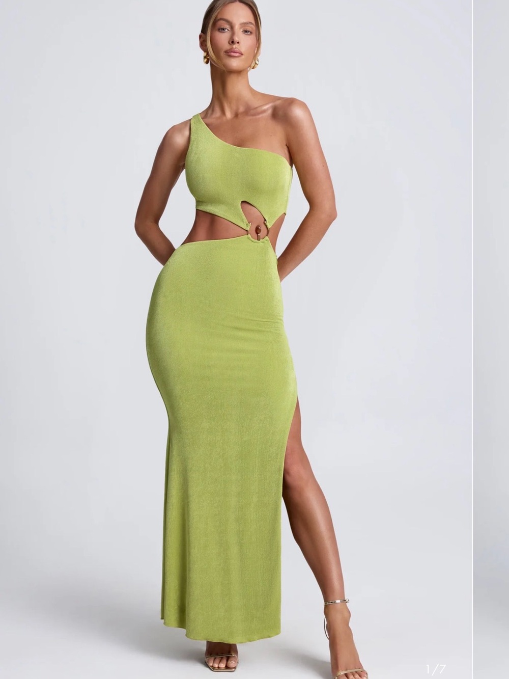 Oh Polly Rosalia One-Shoulder Cutout Maxi Dress in Lime Green 8 NWT